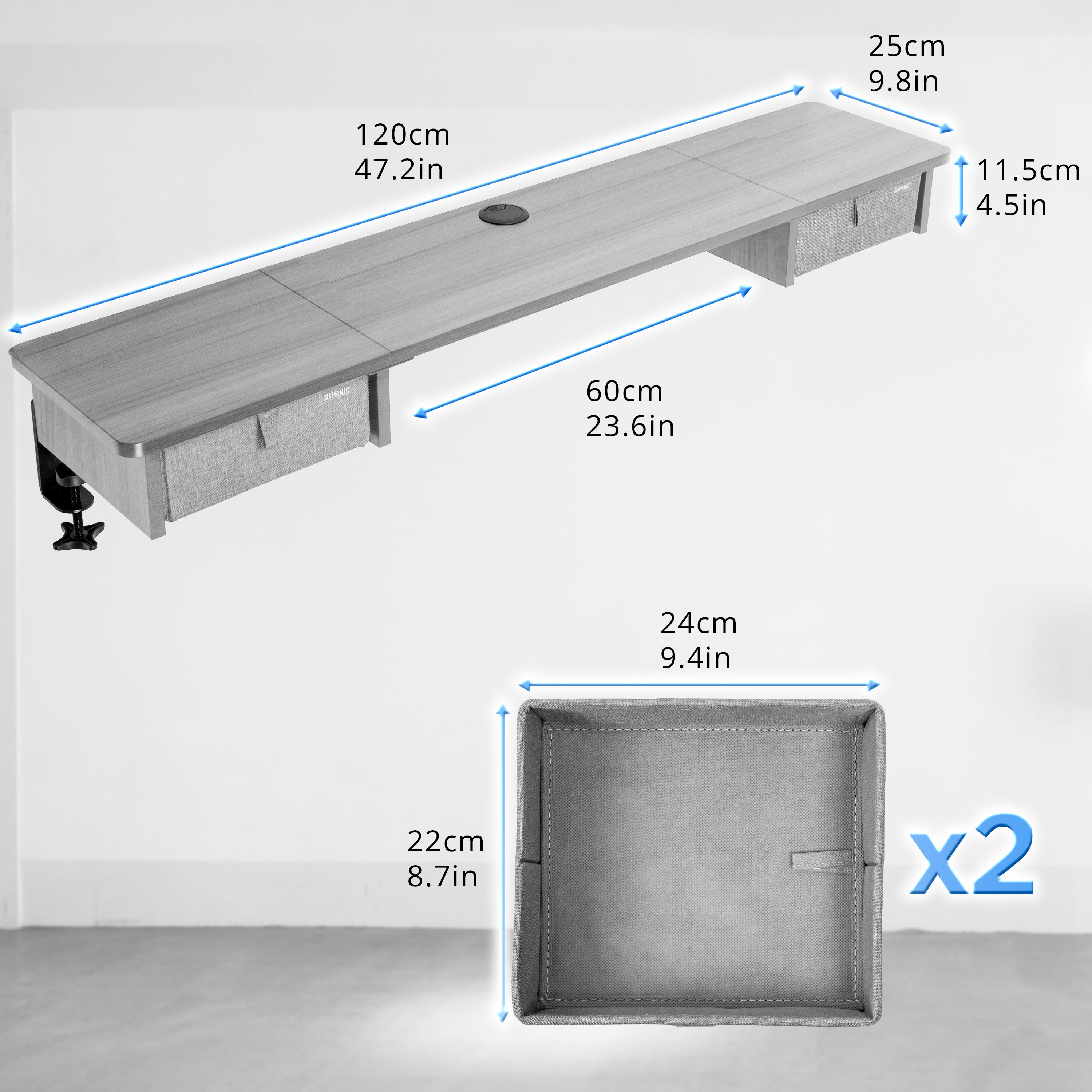 Duronic DD2 GY Nadstawka z szufladami na biurko kolor: szary 120 x 25 x 11,5 cm | uniwersalna i stabilna | montaż bez wiercenia | organizer do biurka dodatkowe szuflady