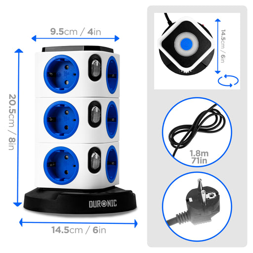 Duronic ET12L Listwa zasilająca biała pionowa wielogniazdowa 12 wejść 3x USB 1,8m długości przedłużacz pionowy z bezprzewodową ładowarką do telefonu ładowarka indukcyjna lampka nocna podświetlenie