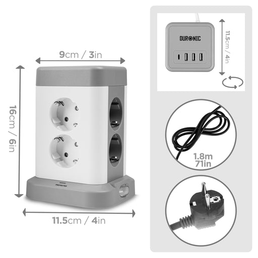 Duronic ET8C Listwa zasilająca biała pionowa 13A 3680W wielogniazdowa 8 wejść gniazd 3x USB 1x USB C 1,8m długości przedłużacz pionowy lampka nocna podświetlenie włącznik z lampką kontrolną