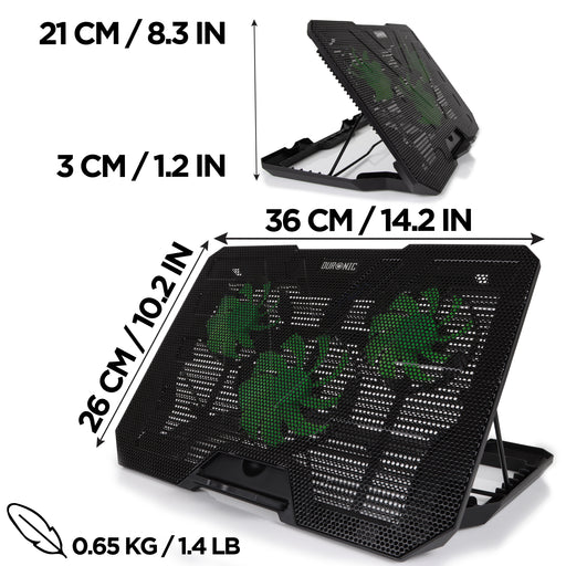 Duronic LC3 Podkładka chłodząca do laptopa 14” – 17” 36 x 27 cm | podstawka pod laptop z LED, 5 wentylatorów | regulacja wysokości i prędkości | 2x port USB