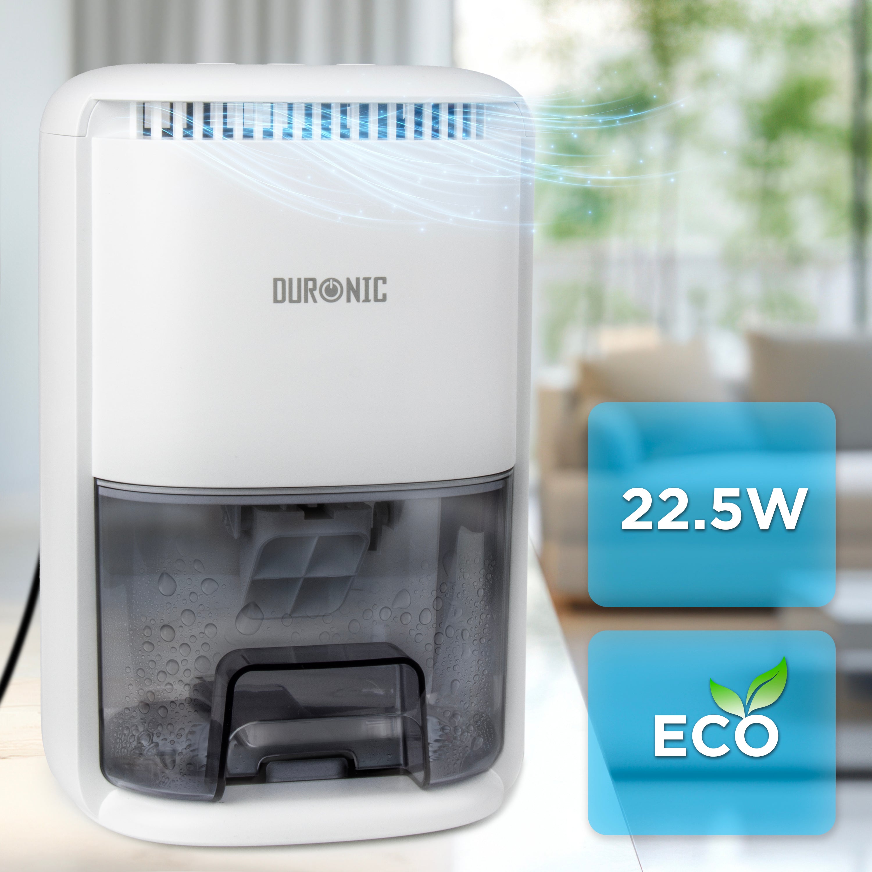 Duronic DH07 WE Osuszacz powietrza kondensacyjny do domu 22,5 W do 240 ml wody dziennie Zbiornik 1 litr Kompaktowy i cichy Idealny do małych pomieszczeń podświetlenie
