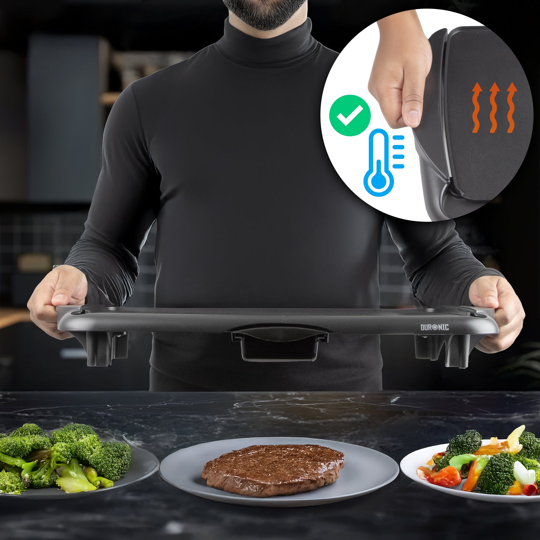 Duronic GP20 Patelnia grillowa elektryczny grill  | nieprzywierająca z termostatem i wyjmowaną tacką na tłuszcz - beztłuszczowe gotowanie idealne na wieczory z rodziną i przyjaciółmi