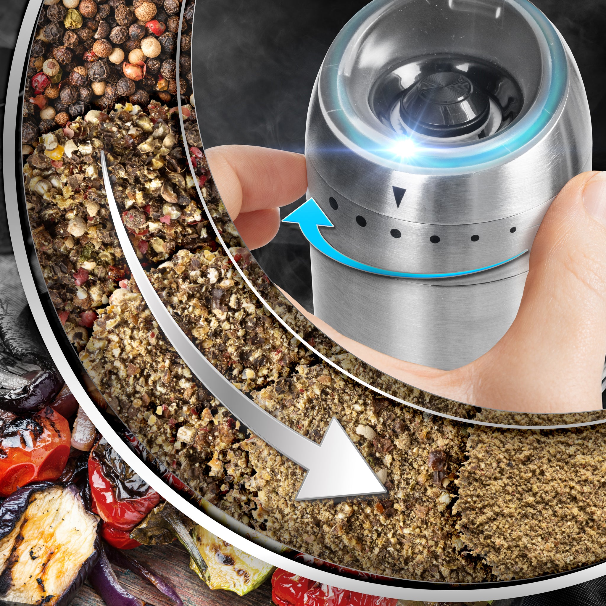 Duronic EMU3 Zestaw młynków elektrycznych automatyczny młynek do soli i pieprzu po 150 ml grawitacyjny do przypraw z LED z regulacją mielenia, zasilanie USB zestaw solniczka i pieprzniczka