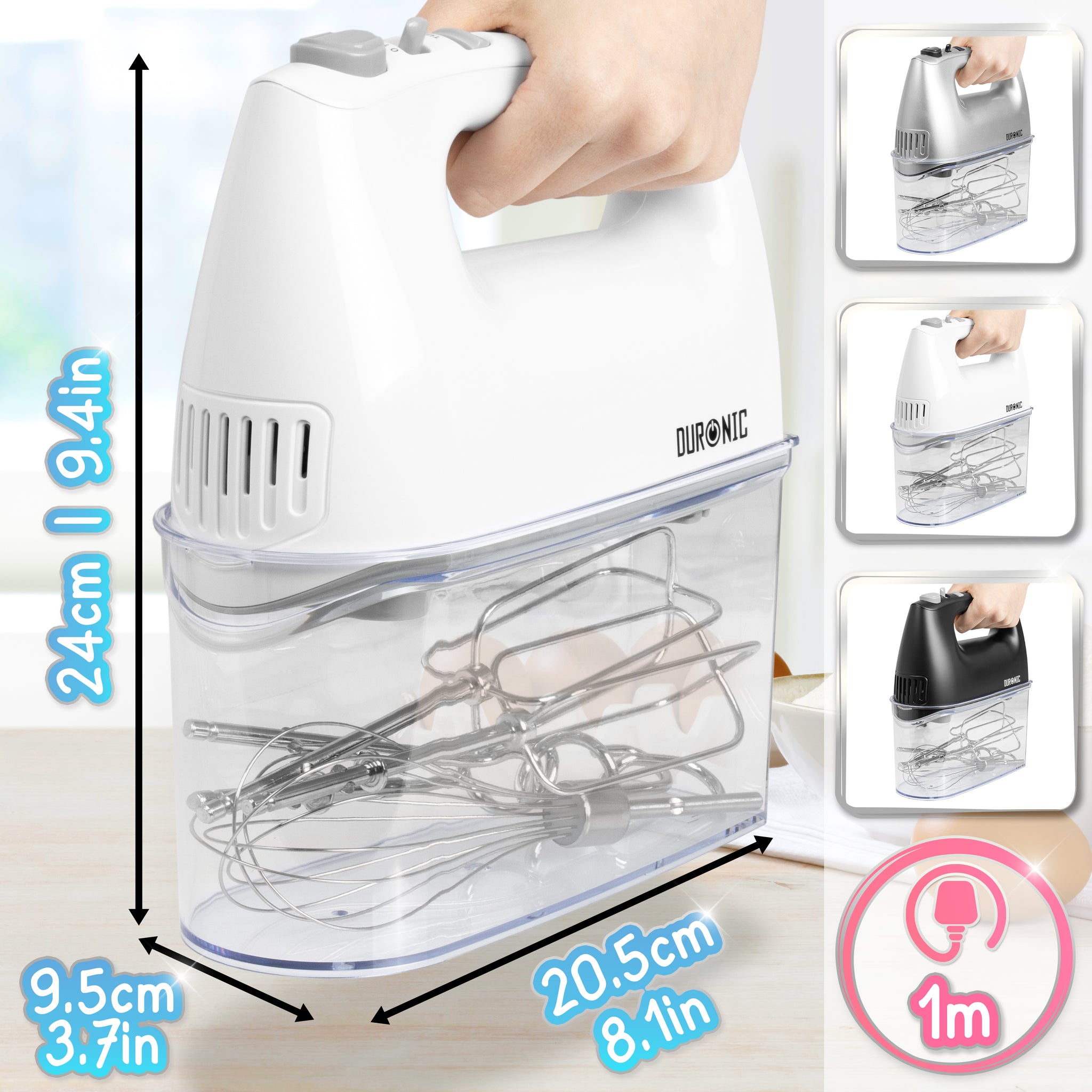 Duronic HM4 WE Mikser ręczny z koszem na wiertła robot kuchenny łatwy w przechowywaniu |  z funkcją turbo | 400 W