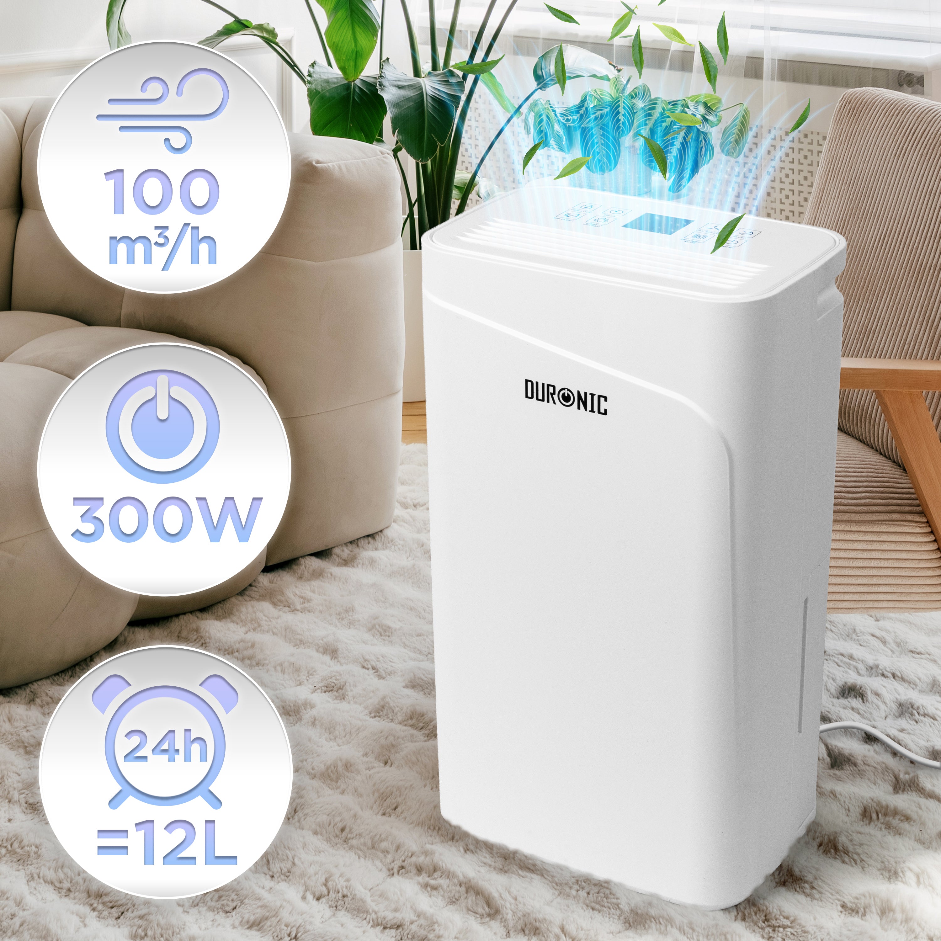Duronic DH121 Osuszacz powietrza o mocy 300 W, do 12 litrów wody dziennie, zbiornik na wodę o pojemności 2,1l. Pochłaniacz wilgoci zwalcza nadmierną wilgotność i zapobiega rozwojowi pleśni. Timer