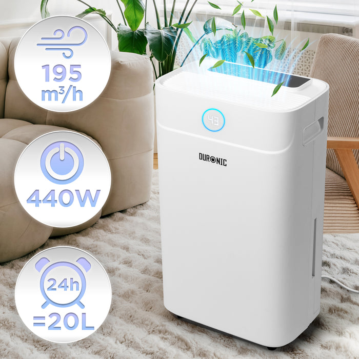 Duronic DH201 Osuszacz powietrza o mocy 440 W, do 20 litrów wody dziennie. Zbiornik na wodę o pojemności 5,1l. Pochłaniacz wilgoci zwalcza nadmierną wilgotność i zapobiega rozwojowi pleśni. Timer