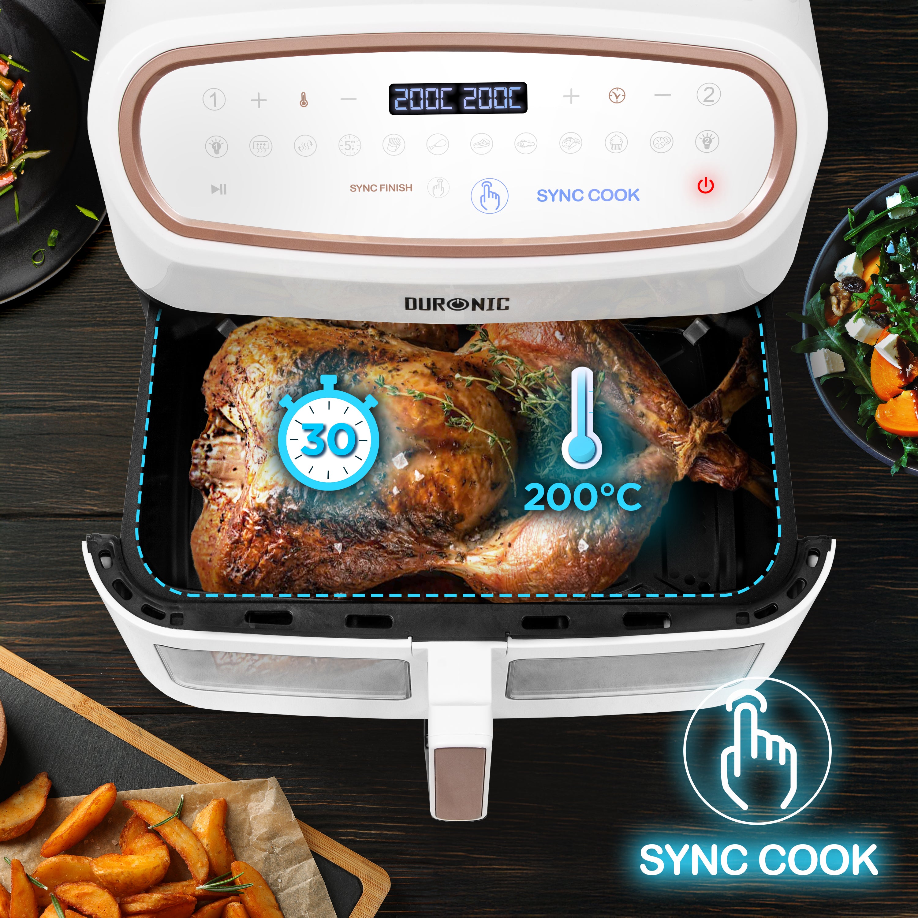 Duronic AF34 WE Air fryer XXL z AFD1 duża komora 10l i 2x po 5l | frytkownica beztłuszczowa dwukomorowa na gorące powietrze | wielofunkcyjna | biała