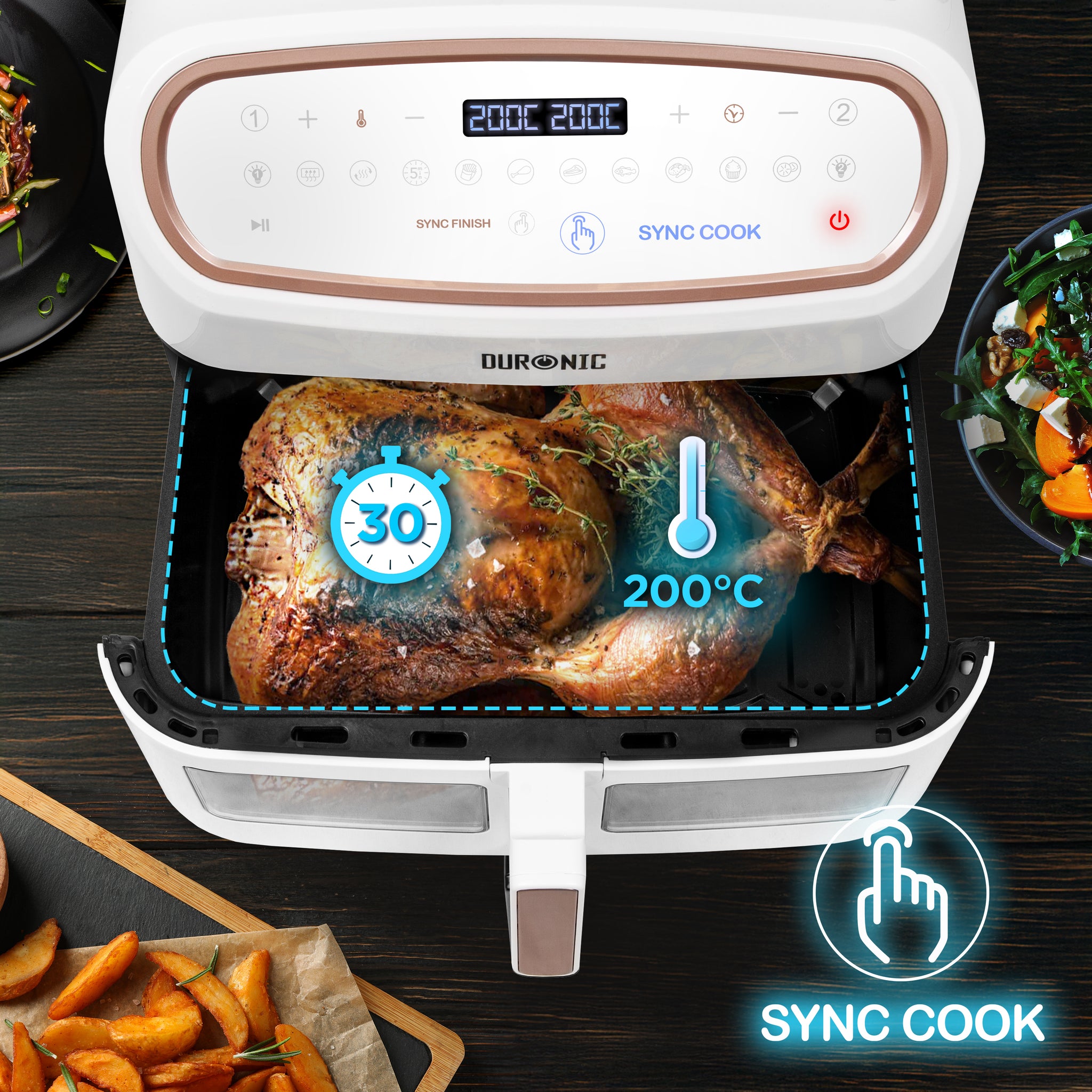 Duronic AF34 WE Air fryer XXL z AFD1 duża komora 10l i 2x po 5l | frytkownica beztłuszczowa dwukomorowa na gorące powietrze | wielofunkcyjna | biała