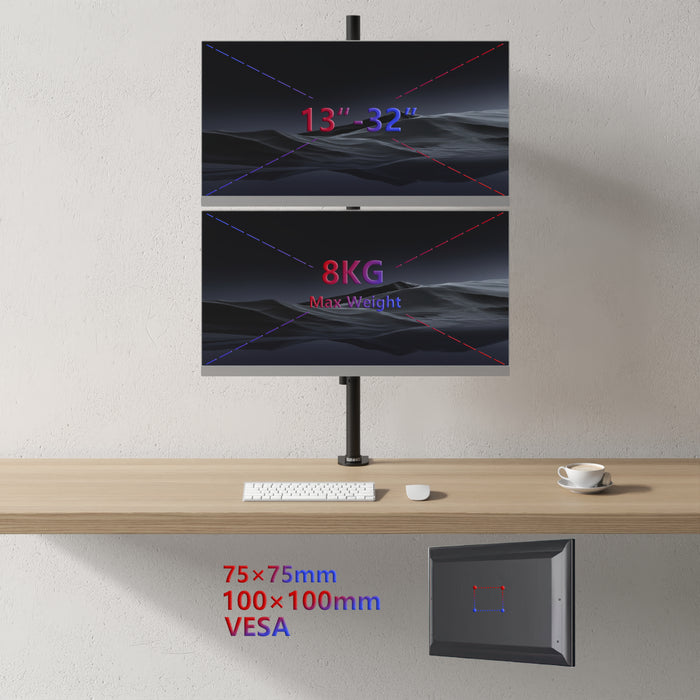 Duronic DMT252VX1 Uchwyt na dwa monitory pionowo 2 x 8kg | monitory 13-32 cale | VESA 75 100 | długi słupek 100 cm | do 2 monitorów | regulacja kąta