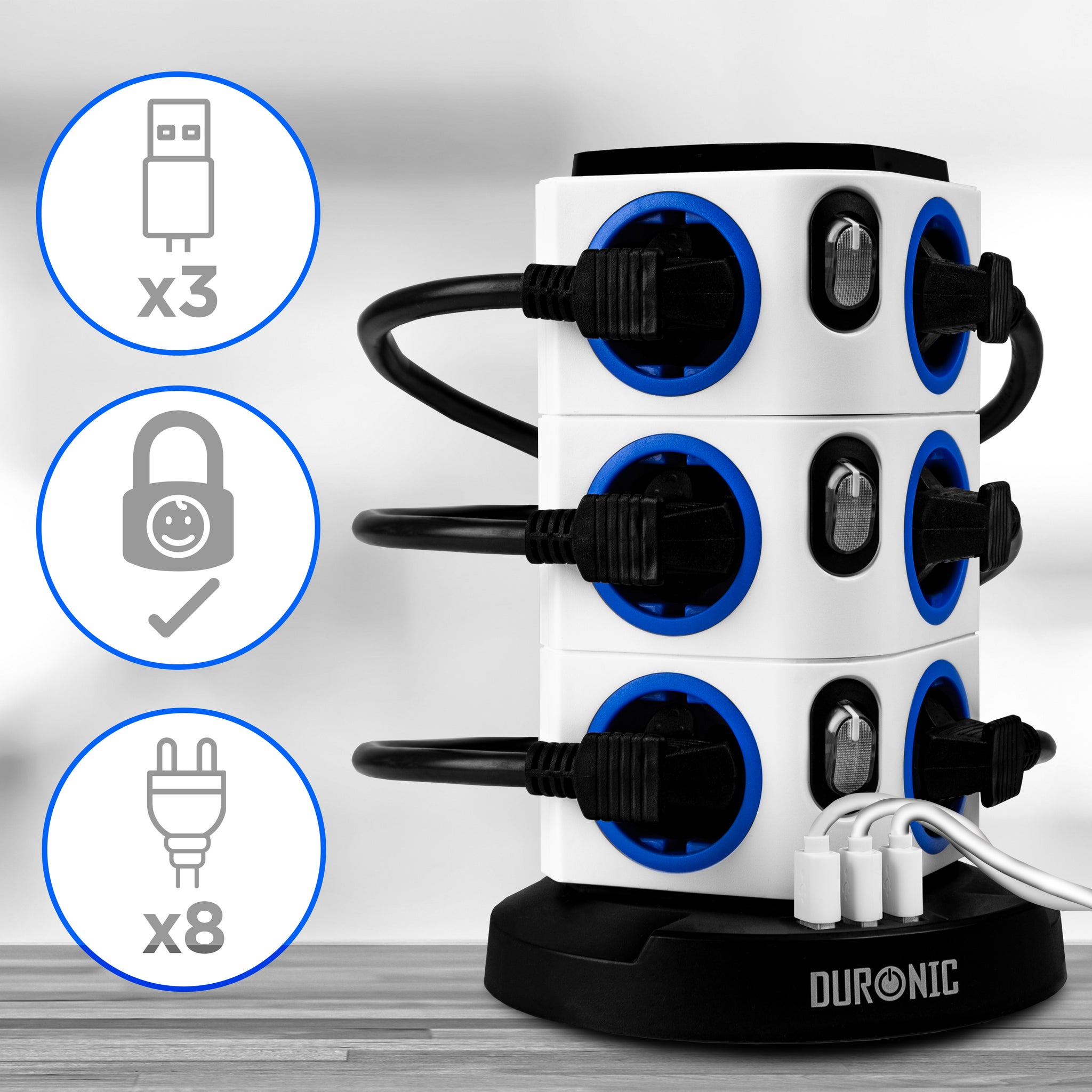 Duronic ET12L Listwa zasilająca biała pionowa wielogniazdowa 12 wejść 3x USB 1,8m długości przedłużacz pionowy lampka nocna podświetlenie