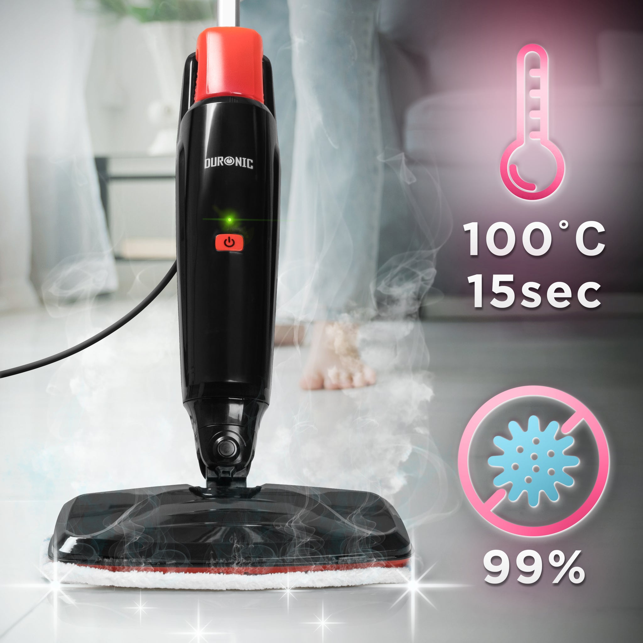 Duronic STM15 BK Elektryczny mop parowy o mocy 1500 W ze zbiornikiem 500 ml i maksymalną temperaturą 100°C do paneli, płytek, dywanów czyszczenie bez chemii. Czarny