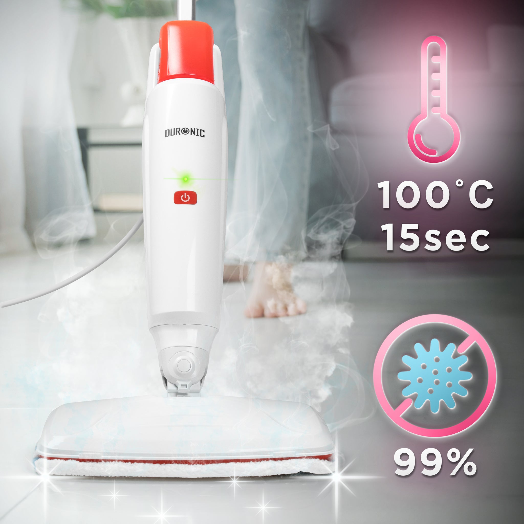 Duronic STM15 WE Elektryczny mop parowy o mocy 1500 W ze zbiornikiem 500 ml i maksymalną temperaturą 100°C do paneli, płytek, dywanów czyszczenie bez chemii. Biały