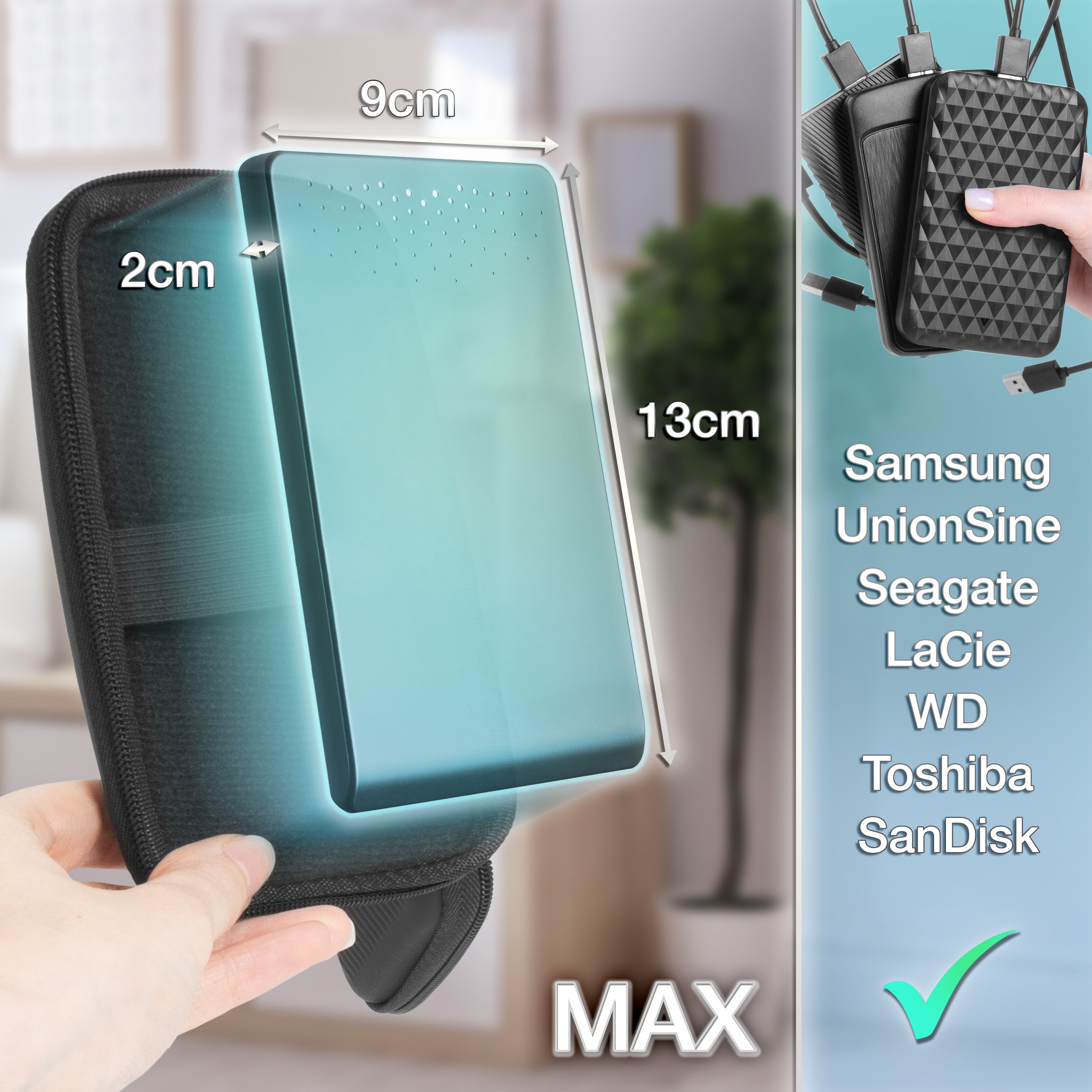 Duronic HDC2 BK Etui na dysk twardy czarne przenośne etui do przechowywania EVA na zewnętrzny dysk twardy i kable