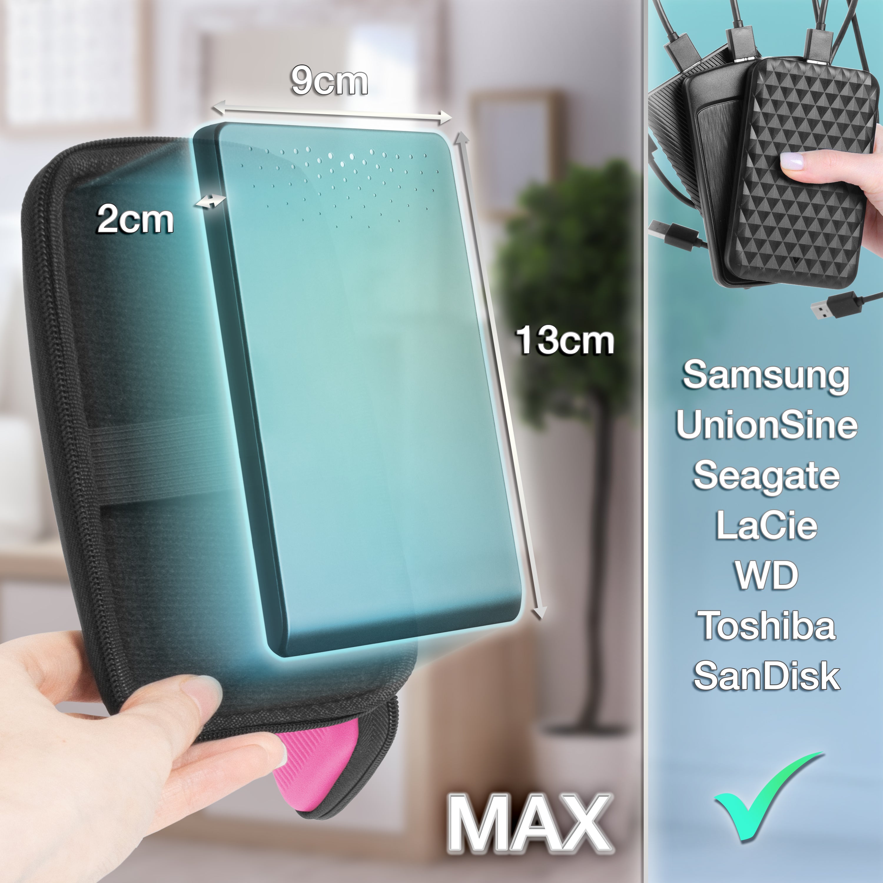 Duronic HDC2 PK Etui na dysk twardy różowe przenośne etui do przechowywania EVA na zewnętrzny dysk twardy i kable