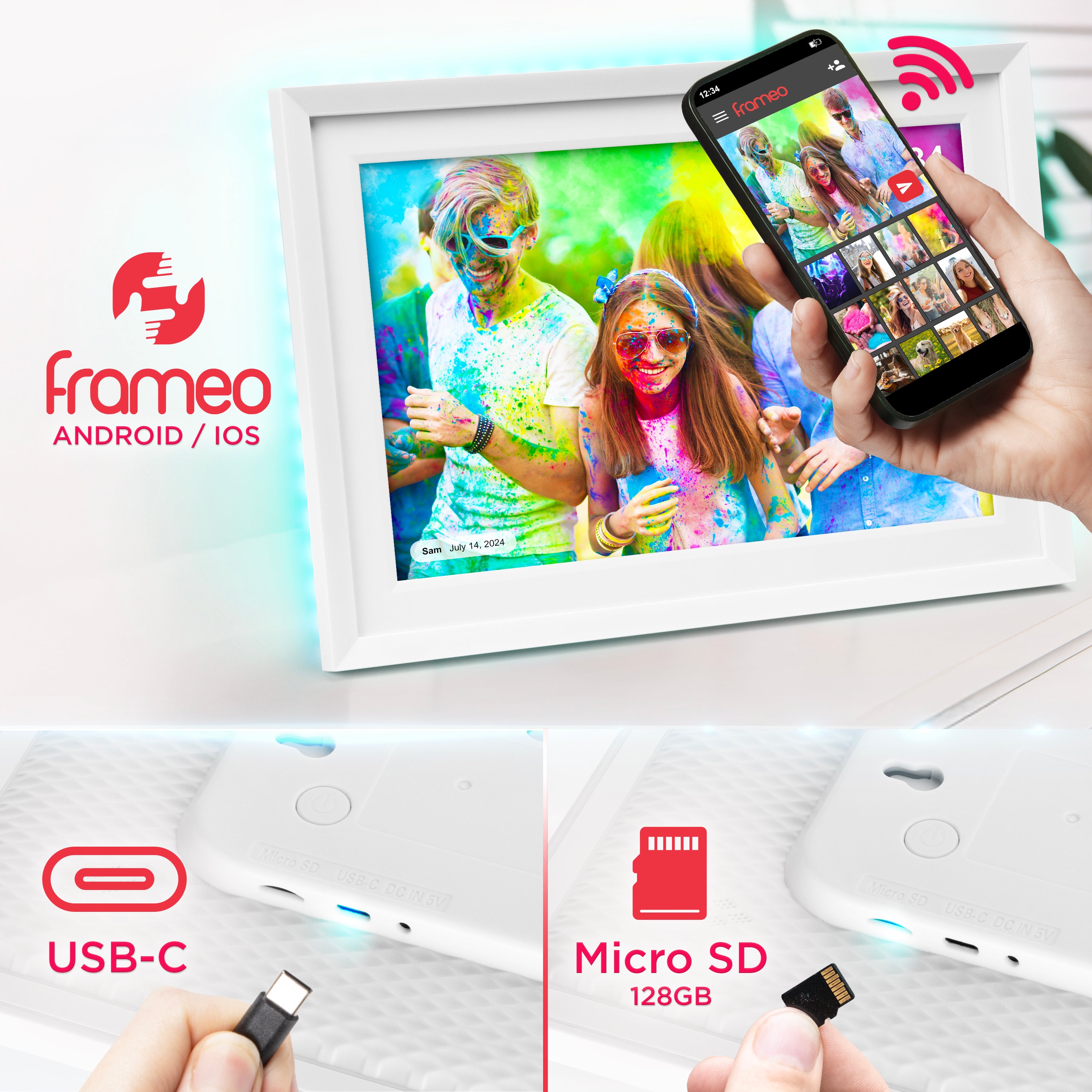 Duronic Frameo PF2A WE Ramka cyfrowa na zdjęcia i filmy Wi-Fi rotacyjna elektroniczna ramka na zdjęcia wysoka rozdzielczość 1280 x 800 Ekran dotykowy 10,1 cala slot Micro-SD