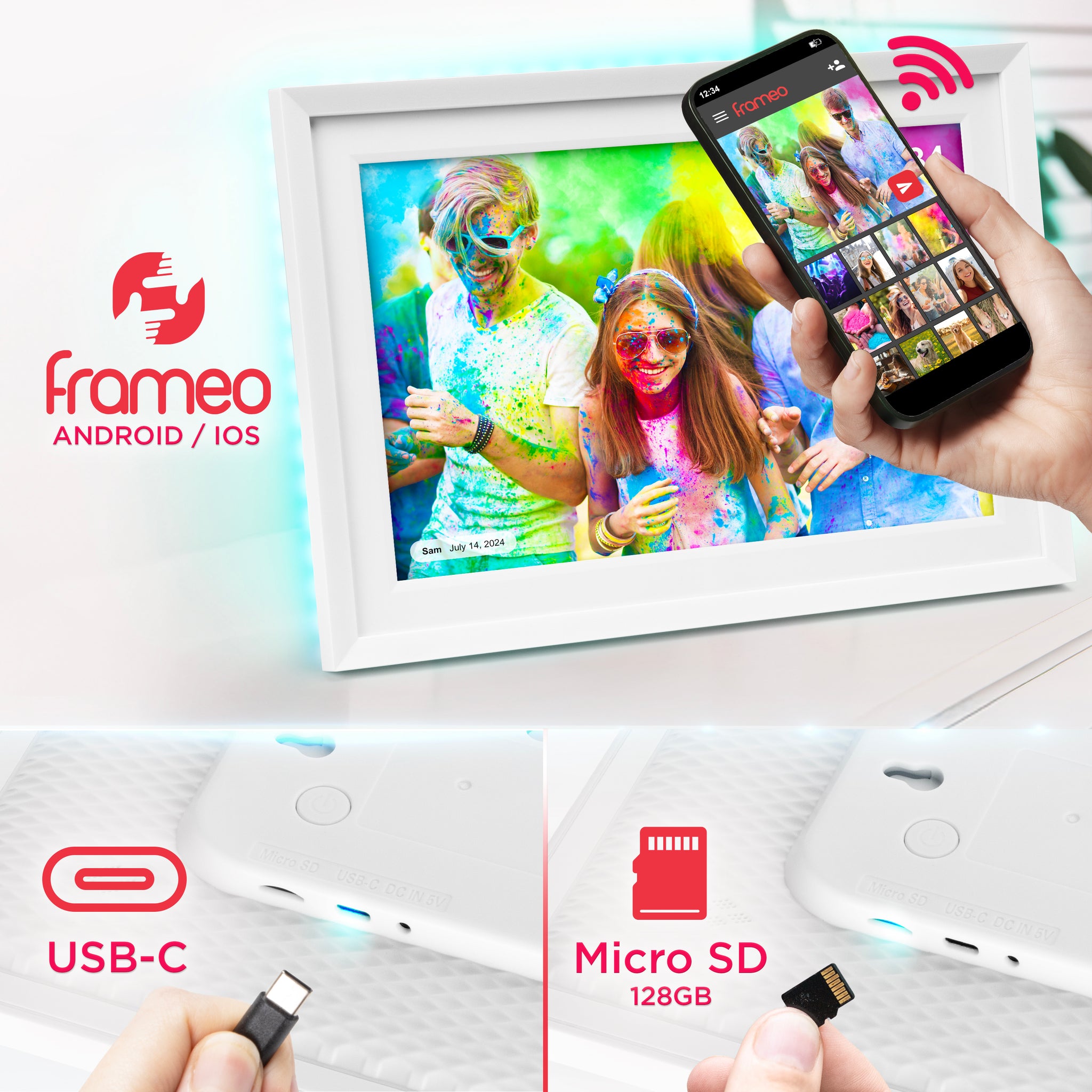 Duronic Frameo PF2A WE Ramka cyfrowa na zdjęcia i filmy Wi-Fi rotacyjna elektroniczna ramka na zdjęcia wysoka rozdzielczość 1280 x 800 Ekran dotykowy 10,1 cala slot Micro-SD