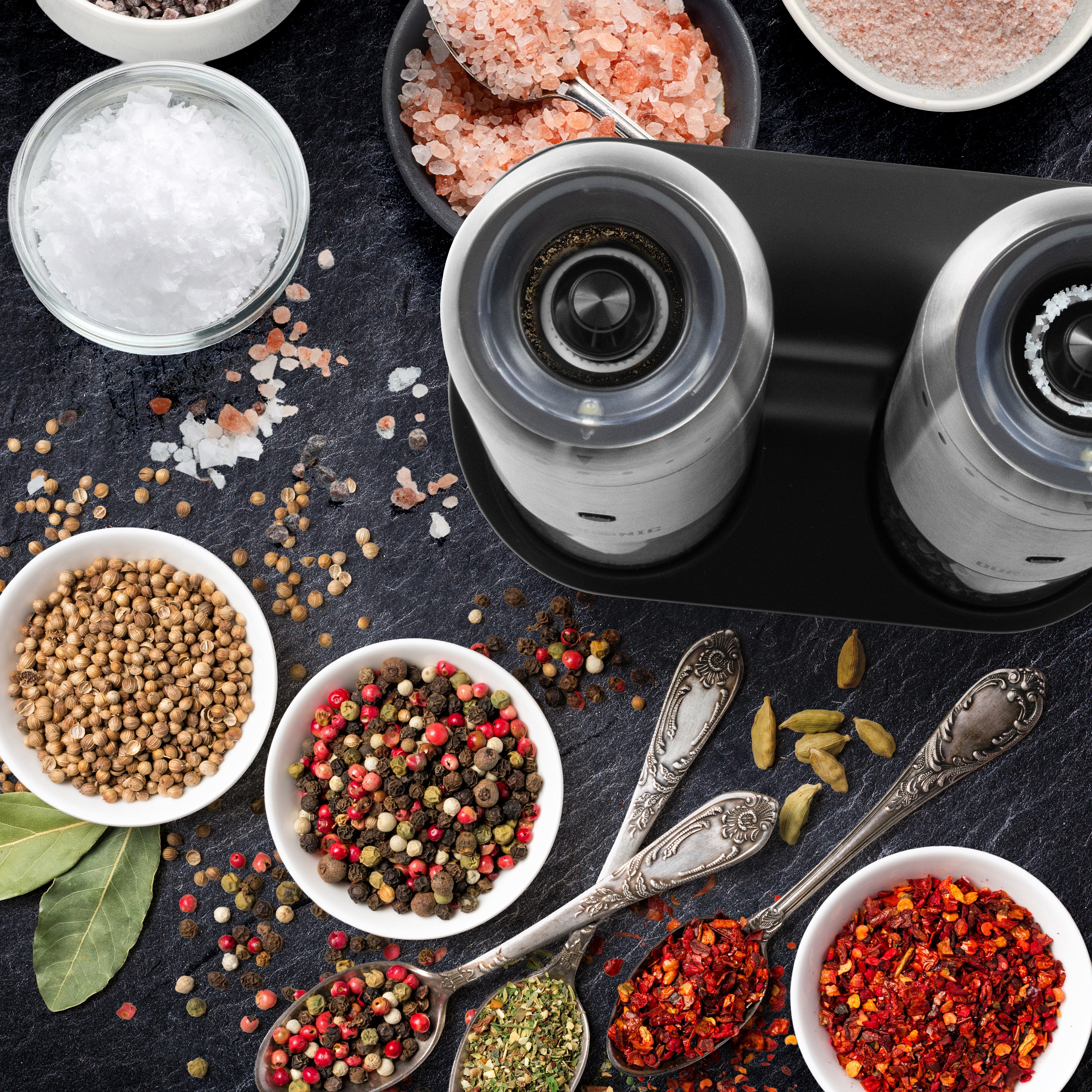 Duronic EMU3 Zestaw młynków elektrycznych automatyczny młynek do soli i pieprzu po 150 ml grawitacyjny do przypraw z LED z regulacją mielenia, zasilanie USB zestaw solniczka i pieprzniczka