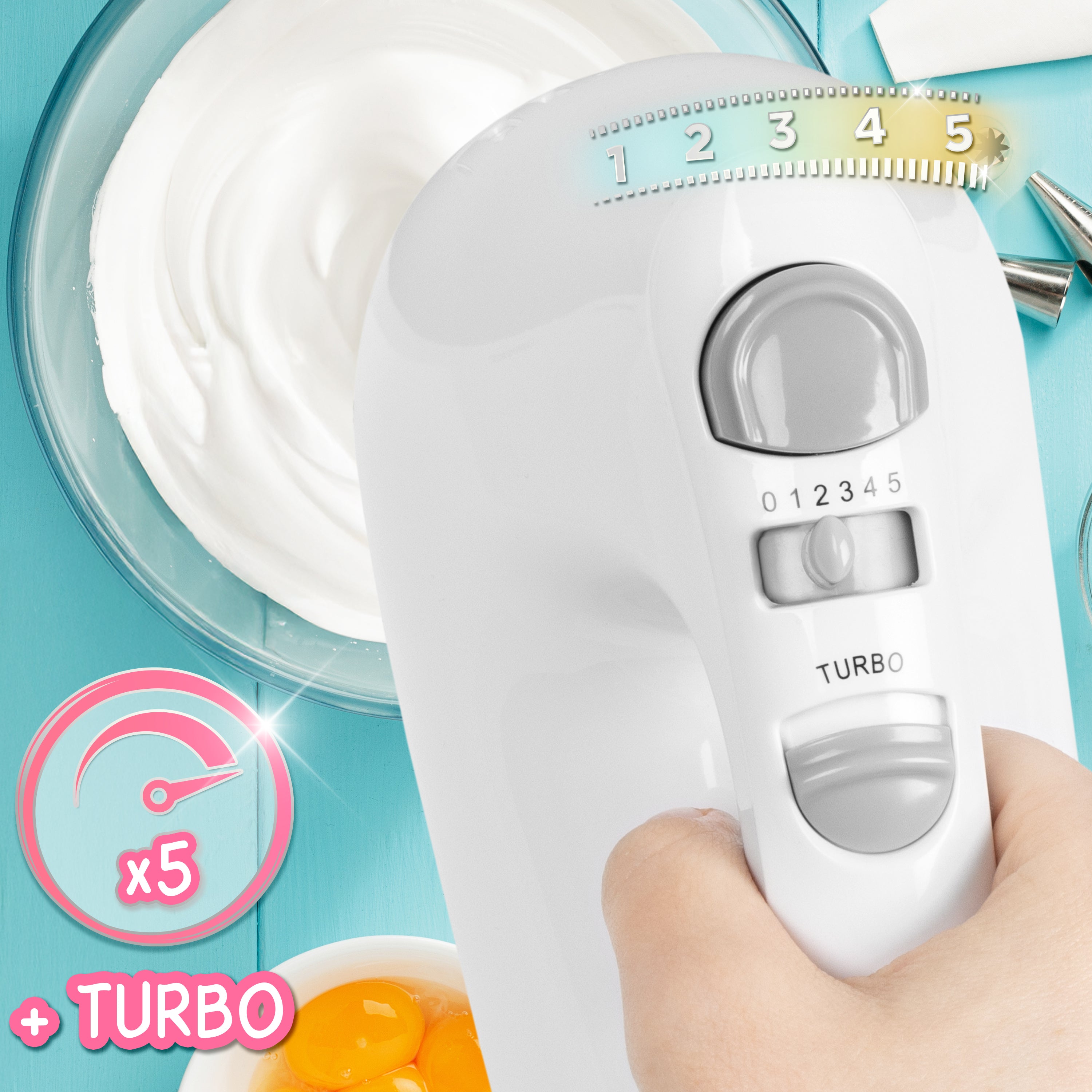 Duronic HM4 WE Mikser ręczny z koszem na wiertła robot kuchenny łatwy w przechowywaniu |  z funkcją turbo | 400 W