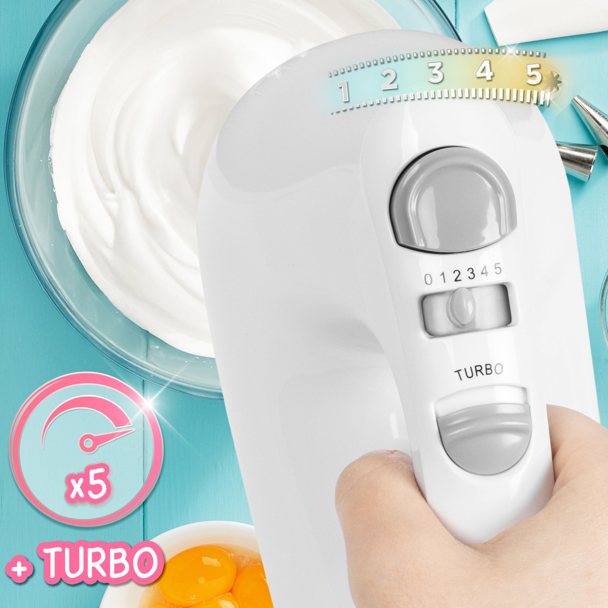 Duronic HM4 WE Mikser ręczny z koszem na wiertła robot kuchenny łatwy w przechowywaniu |  z funkcją turbo | 400 W