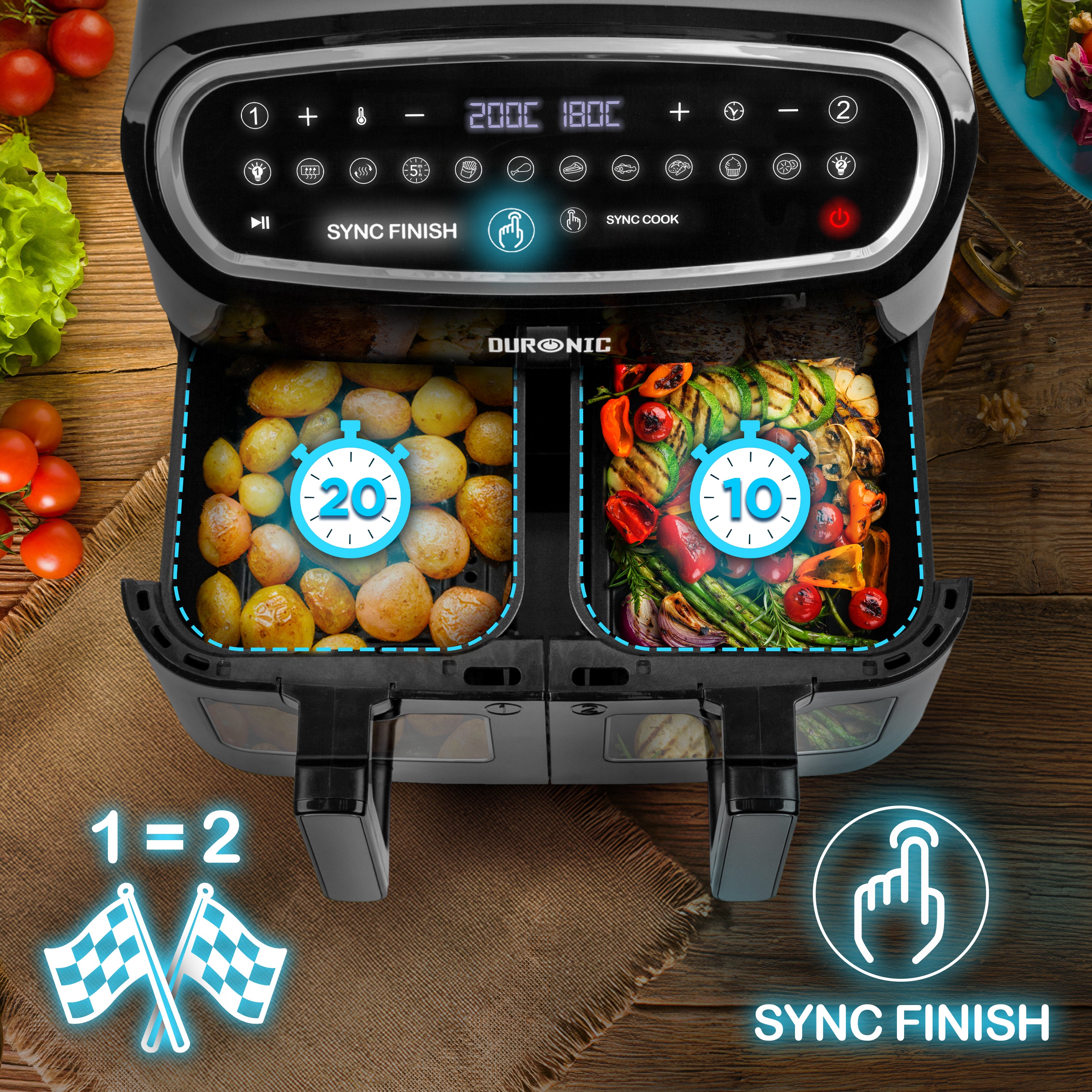 Duronic AF34 BK Airfryer XXL zestaw z AFD1 10l i dwie komory po 4,5l  | frytkownica beztłuszczowa podwójna | na gorące powietrze piekarnik | temperatura 50-200 stopni