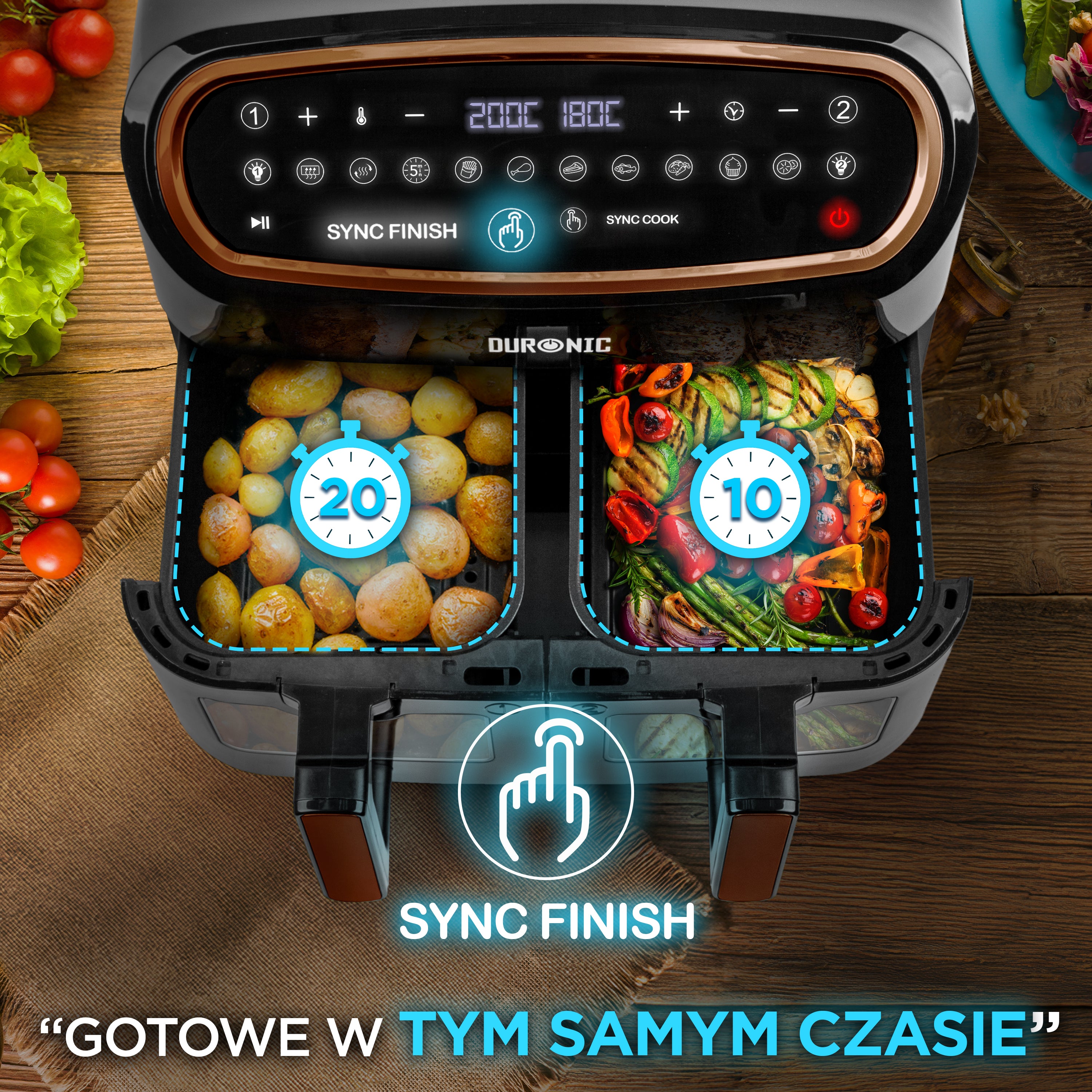 Duronic AF34 BG Air fryer XXL z AFD1 duża komora 10l i 2x po 4,5l | frytkownica beztłuszczowa dwukomorowa na gorące powietrze wielofunkcyjna podwójna