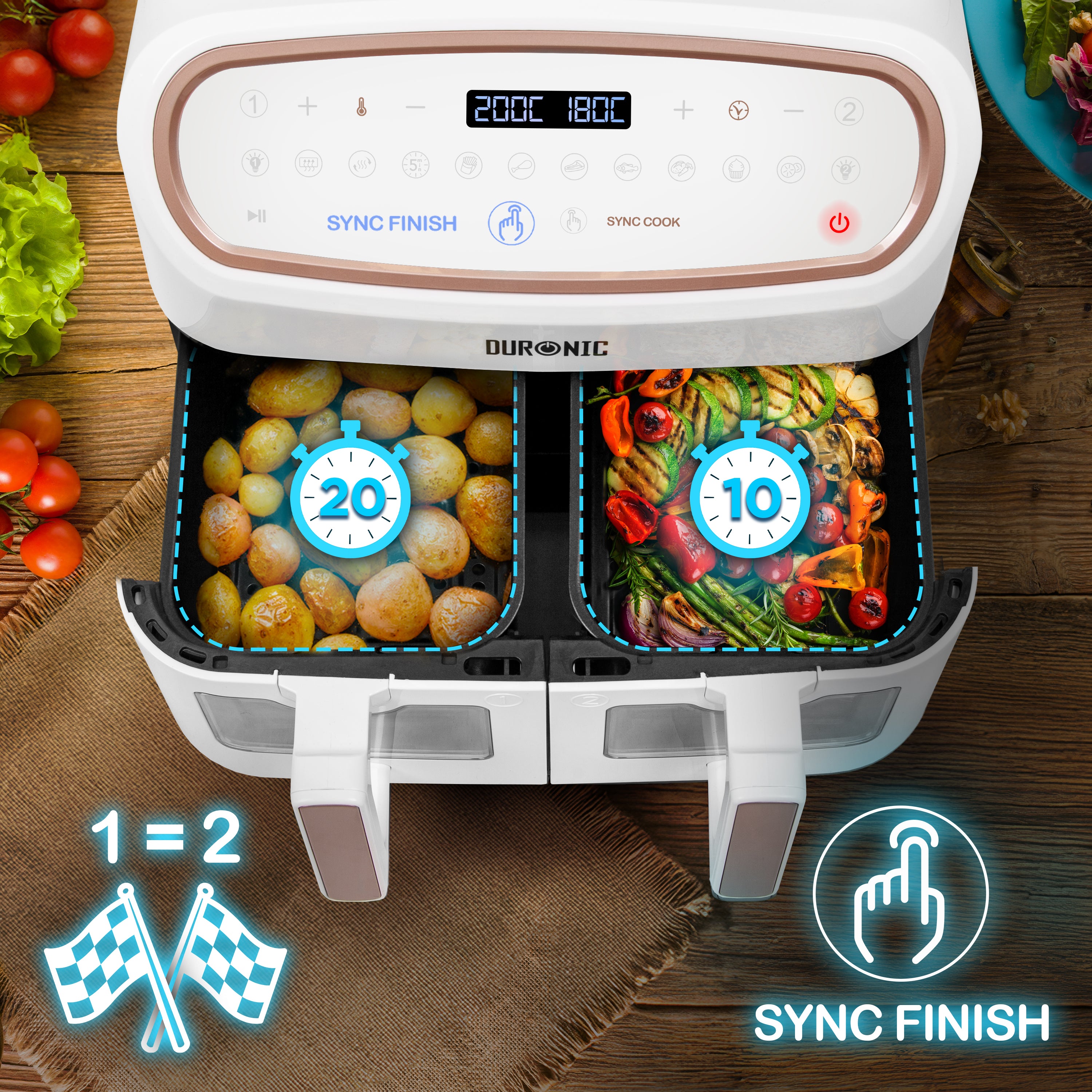 Duronic AF34 WE Air fryer XXL z AFD1 duża komora 10l i 2x po 5l | frytkownica beztłuszczowa dwukomorowa na gorące powietrze | wielofunkcyjna | biała