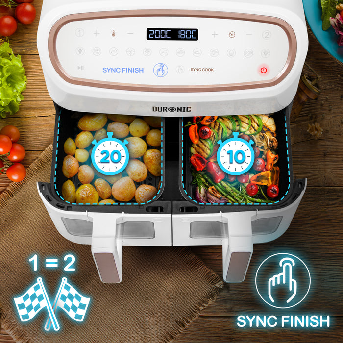 Duronic AF34 WE Air fryer XXL z AFD1 duża komora 10l i 2x po 5l | frytkownica beztłuszczowa dwukomorowa na gorące powietrze | wielofunkcyjna | biała