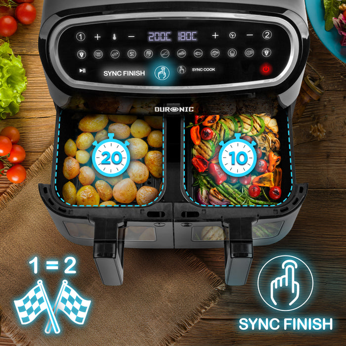 Duronic AF34 BK Airfryer XXL zestaw z AFD1 10l i dwie komory po 4,5l  | frytkownica beztłuszczowa podwójna | na gorące powietrze piekarnik | temperatura 50-200 stopni
