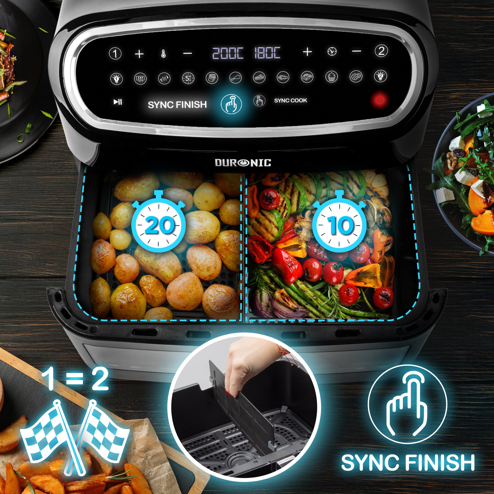 Duronic AF14 BK Airfryer XXL z dużą komora 10l frytkownica beztłuszczowa na gorące powietrze wielofunkcyjna podwójna