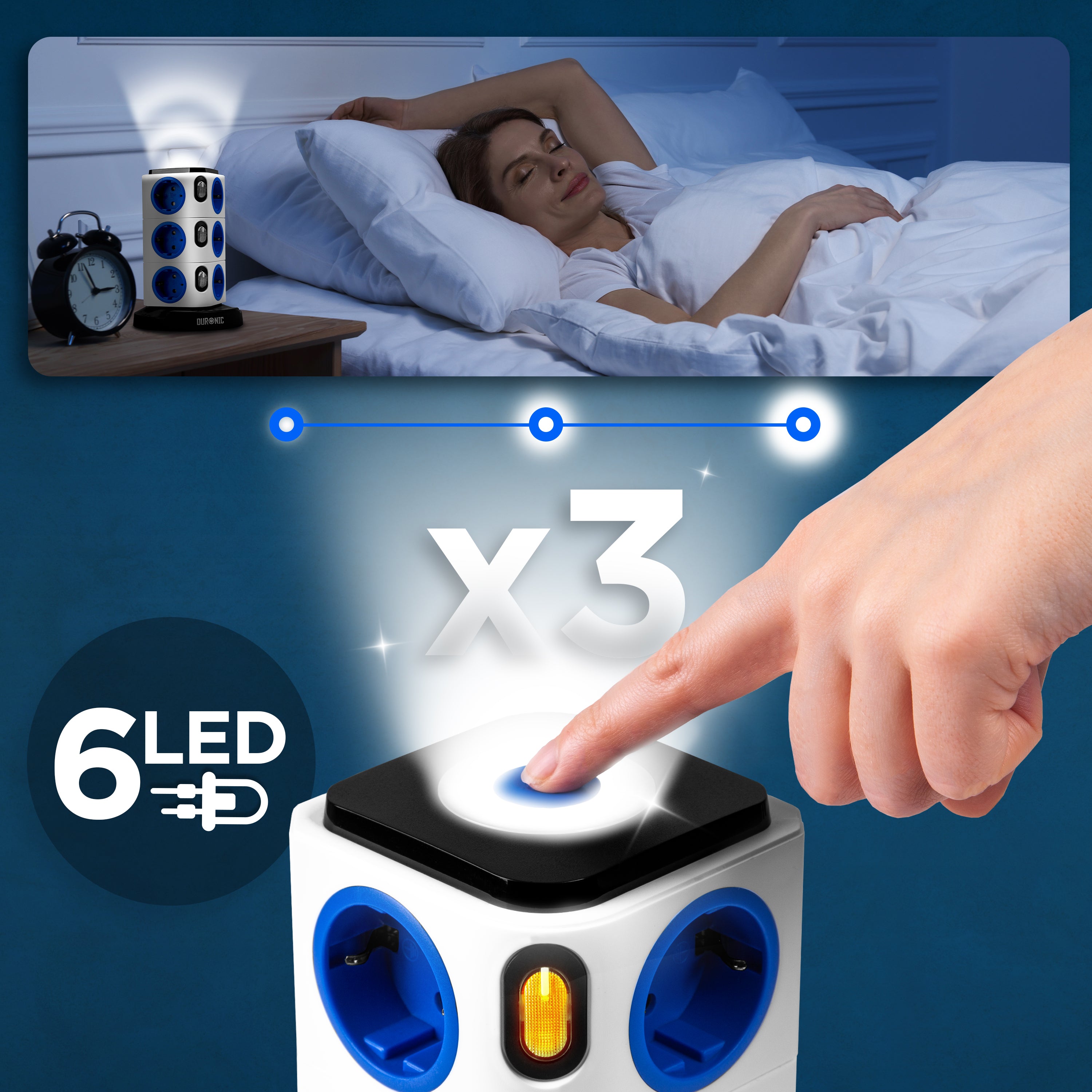 Duronic ET12L Listwa zasilająca biała pionowa wielogniazdowa 12 wejść 3x USB 1,8m długości przedłużacz pionowy lampka nocna podświetlenie