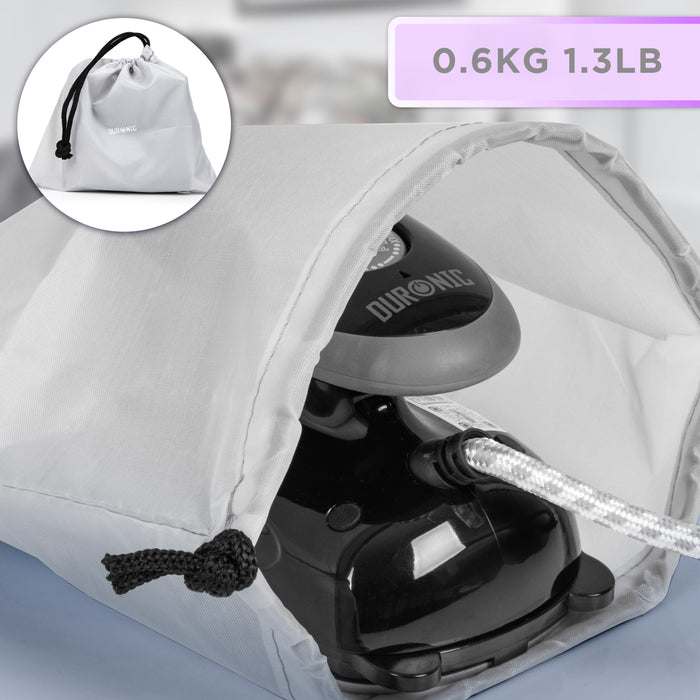 Duronic SI2 BK Żelazko podróżne 375W czarne | Pokrowiec i pojemnikna wodę 50ml | funkcja pary | turystyczne mini żelazko na wyjazdy | nieprzywierająca stopka | dla rawo - i leworęcznych