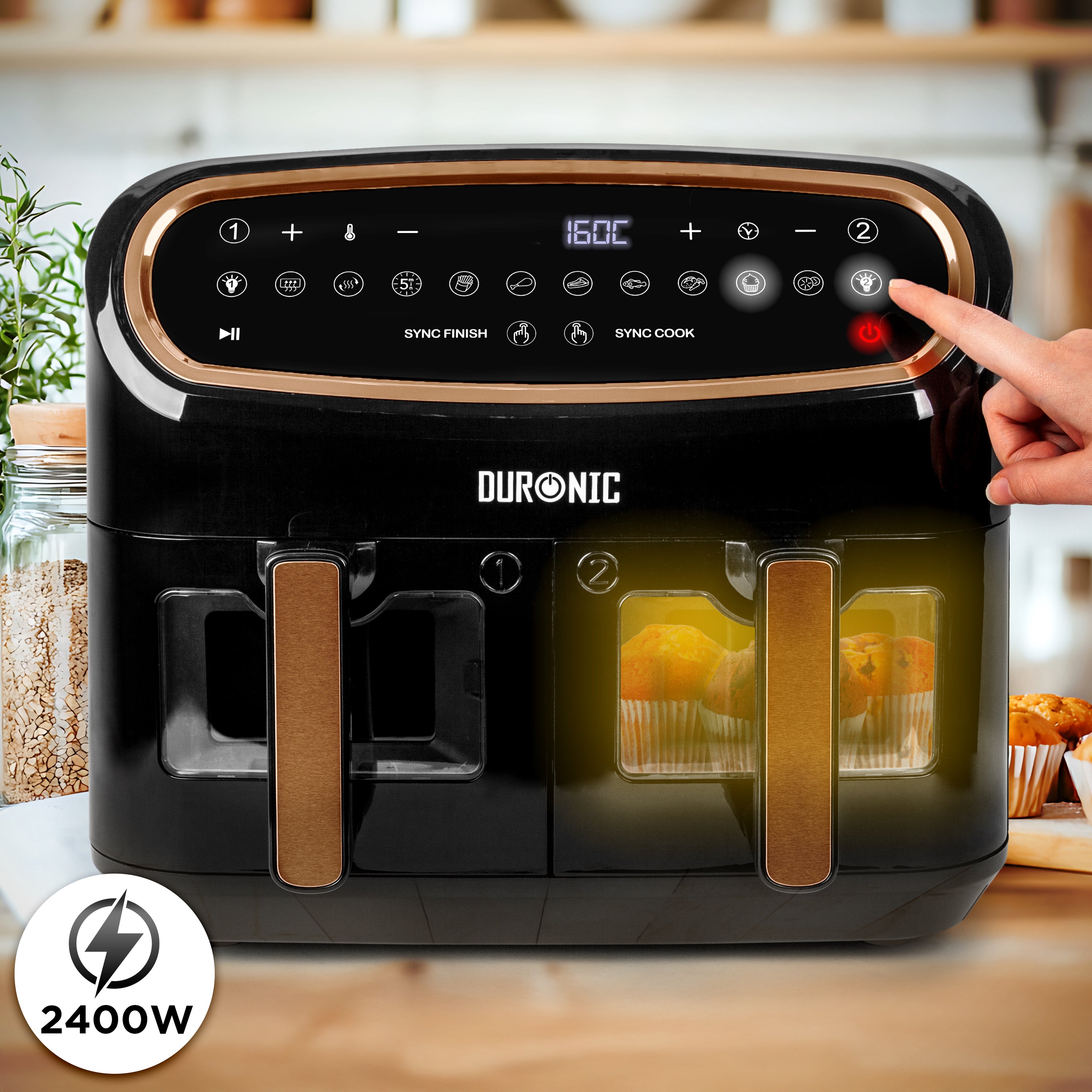 Duronic AF34 BG Air fryer XXL z AFD1 duża komora 10l i 2x po 4,5l | frytkownica beztłuszczowa dwukomorowa na gorące powietrze wielofunkcyjna podwójna