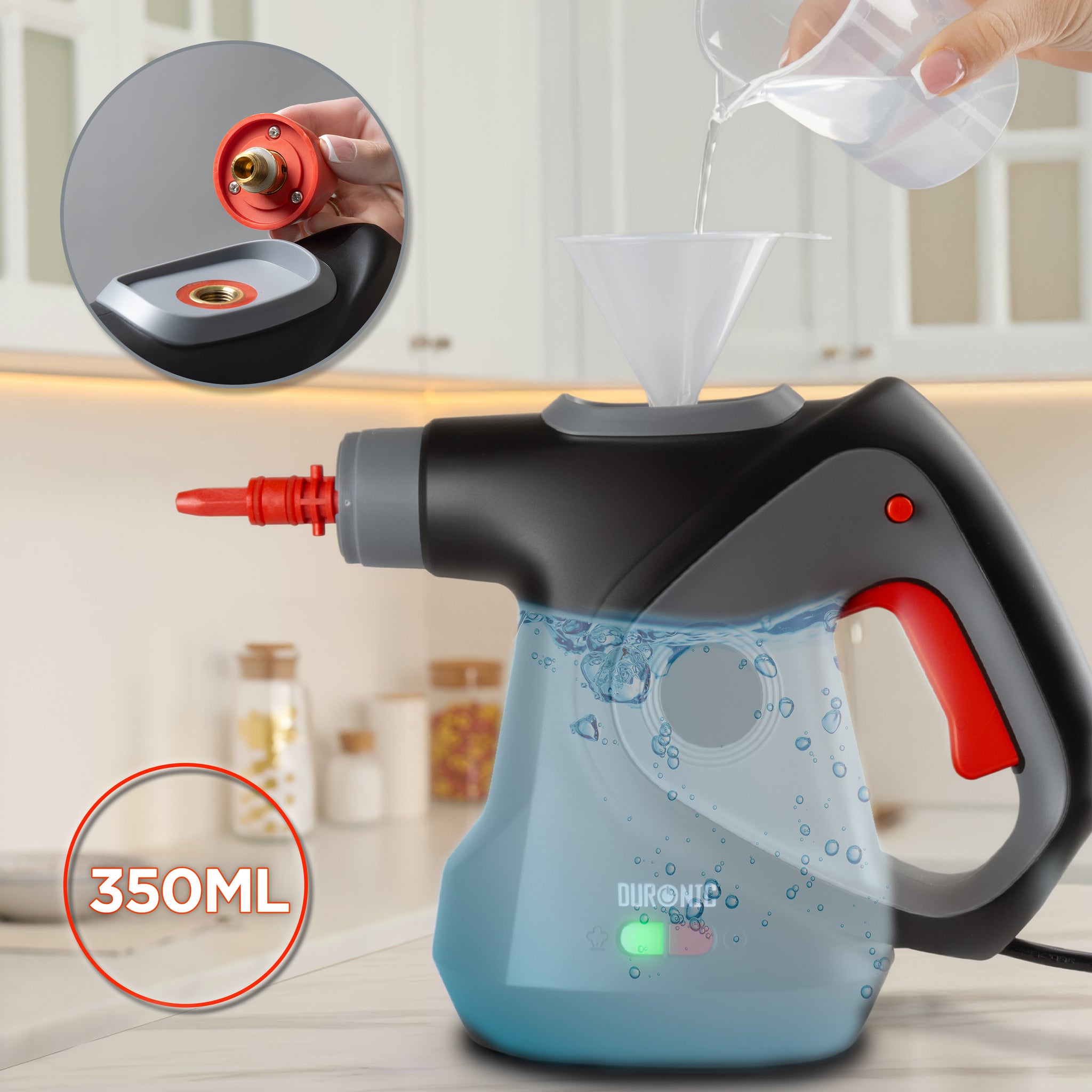 Duronic SC32 BK Myjka parowa ciśnieniowa do sprzątania do 350 ml ręczna wielofunkcyjna parownica do domu, okien, tapicerki, czarna, czyścik parowy