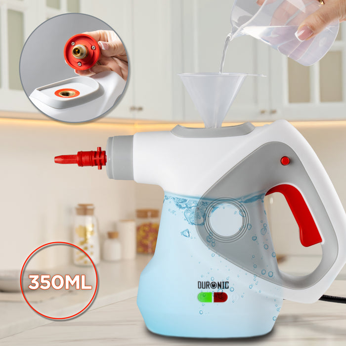 Duronic SC32 WE Myjka parowa ciśnieniowa do sprzątania do 350 ml ręczna wielofunkcyjna parownica do domu, okien, tapicerki, biała, czyścik parowy