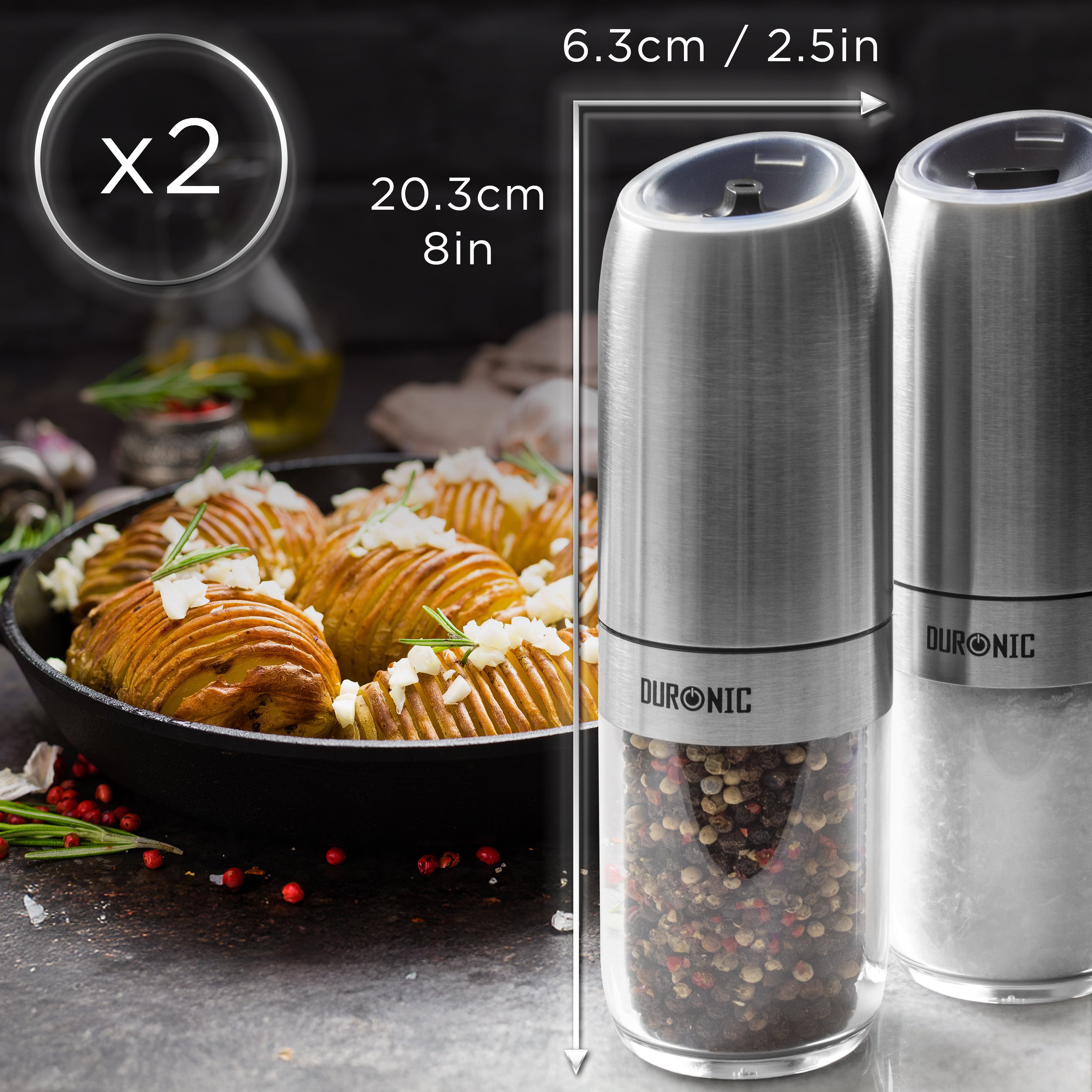 Duronic EMB2 2x Automatyczny elektryczny młynek do soli i pieprzu 150 ml grawitacyjny młynek do przypraw z LED z regulacją mielenia, zasilanie 4x AAA zestaw solniczka i pieprzniczka