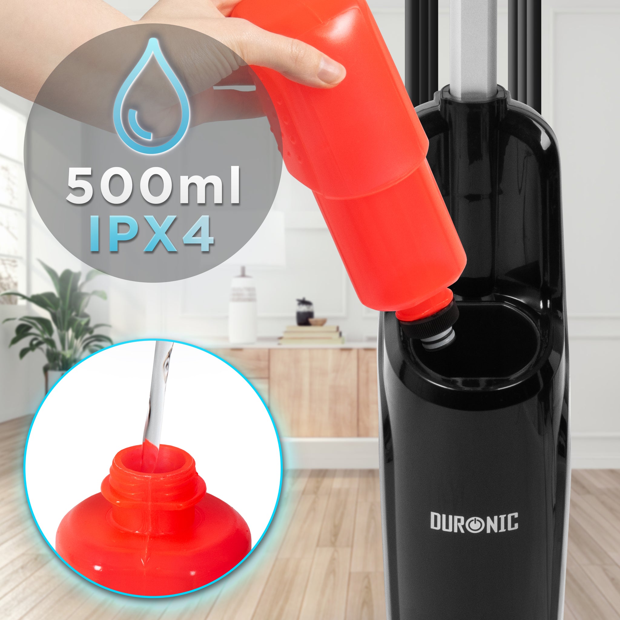 Duronic STM15 BK Elektryczny mop parowy o mocy 1500 W ze zbiornikiem 500 ml i maksymalną temperaturą 100°C do paneli, płytek, dywanów czyszczenie bez chemii. Czarny