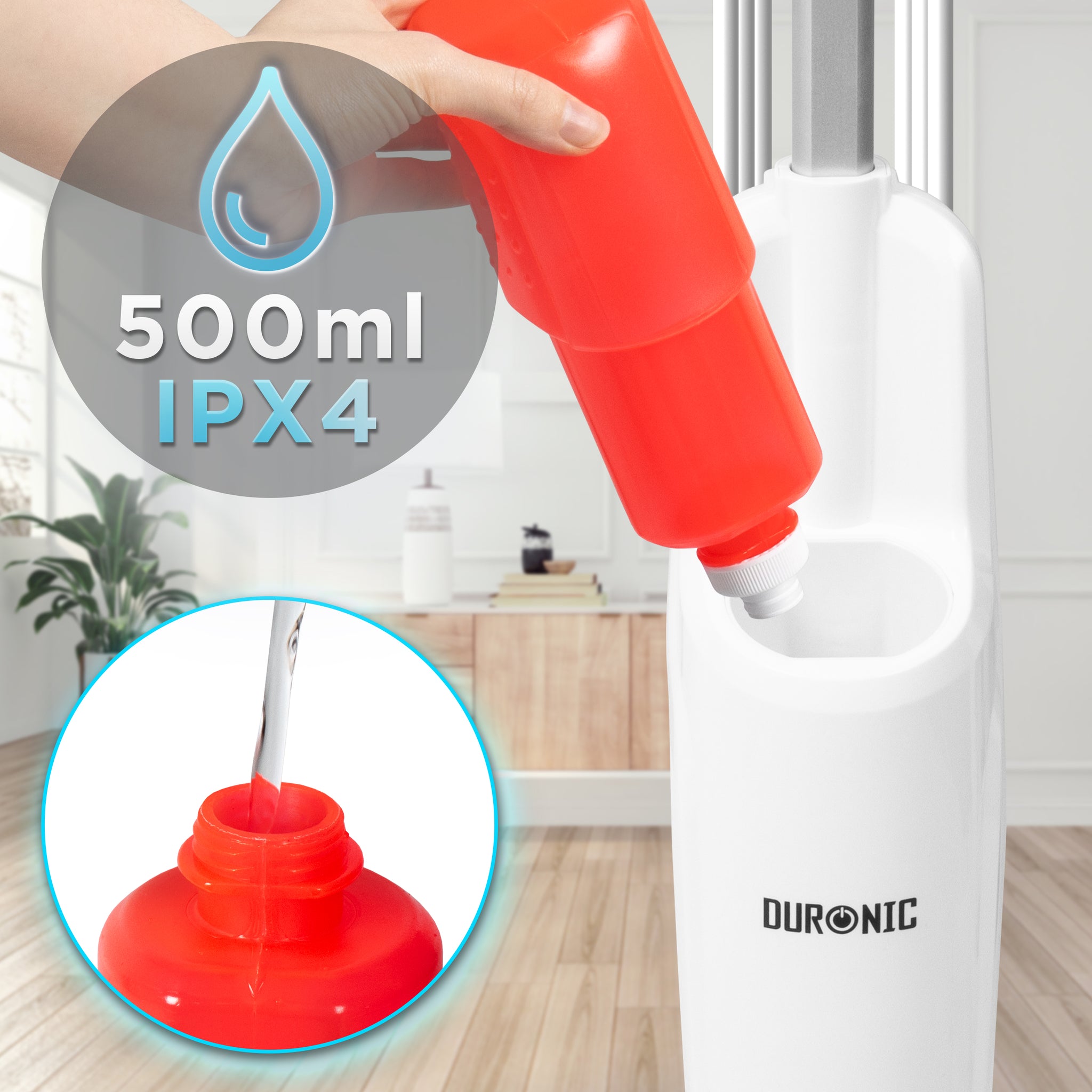 Duronic STM15 WE Elektryczny mop parowy o mocy 1500 W ze zbiornikiem 500 ml i maksymalną temperaturą 100°C do paneli, płytek, dywanów czyszczenie bez chemii. Biały