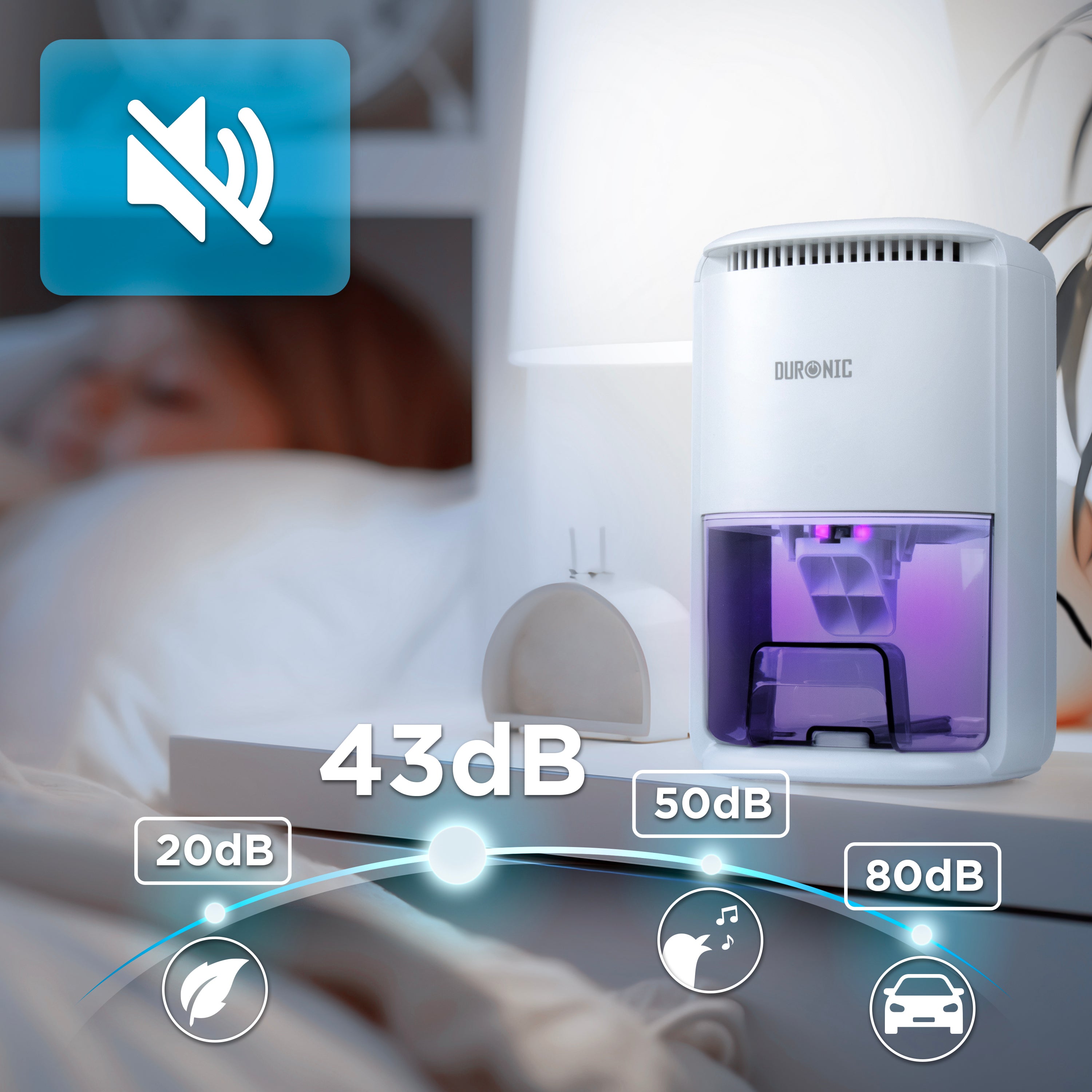 Duronic DH07 WE Osuszacz powietrza kondensacyjny do domu 22,5 W do 240 ml wody dziennie Zbiornik 1 litr Kompaktowy i cichy Idealny do małych pomieszczeń podświetlenie