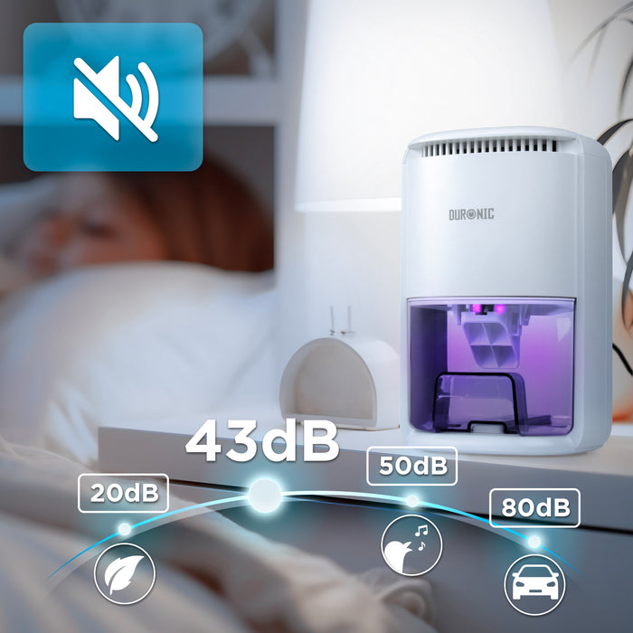 Duronic DH07 WE Osuszacz powietrza kondensacyjny do domu 22,5 W do 240 ml wody dziennie Zbiornik 1 litr Kompaktowy i cichy Idealny do małych pomieszczeń podświetlenie