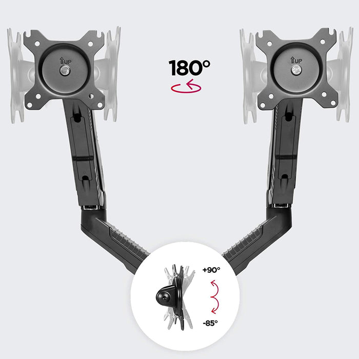 Duronic DMDC52 Uchwyt do dwóch monitorów regulacja ekran do 6.5 kg,  sprzężyna gazowa VESA 100, 75 do 6,5 kg na jedno ramię przekątna 13 - 24 cale