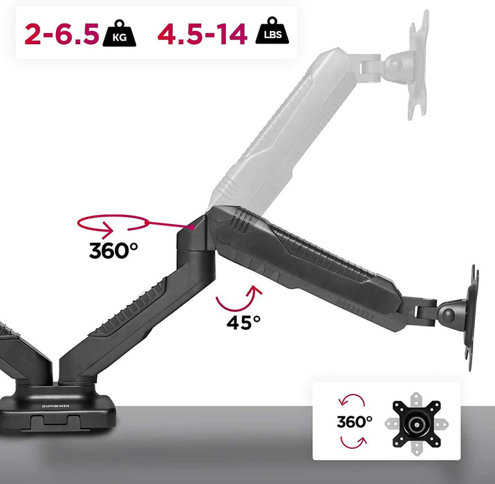 Duronic DMDC52 Uchwyt do dwóch monitorów regulacja ekran do 6.5 kg,  sprzężyna gazowa VESA 100, 75 do 6,5 kg na jedno ramię przekątna 13 - 24 cale