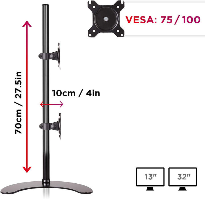 Duronic DM15D2V2 Uchwyt dwa monitory pionowo 2x8kg VESA 75 lub 100 do 8 kg na ramię dwa monitory 13-32 cali czarny