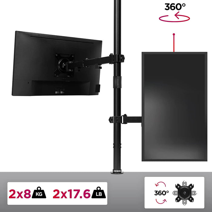 Duronic DMT152VX2 Uchwyt na dwa monitory pionowo 2 x 8kg | monitory 13-32 cali | VESA 75 lub 100 | długi słupek 100 cm | do monitorów ultrawide | regulacja kąta +90°/-35°