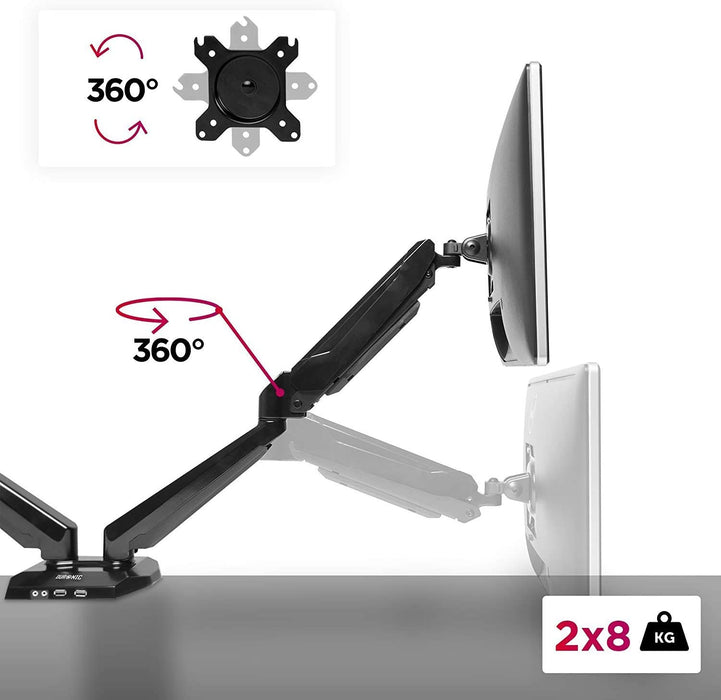 Duronic DMUSB5X2 Uchwyt do dwóch monitorów 2x USB | ramię do ekranów VESA 75 lub VESA 100 |wieszak | maks 8 kg | do 2 monitorów | czarny | gas | USB | wejście na słuchawki i mikrofon | reg