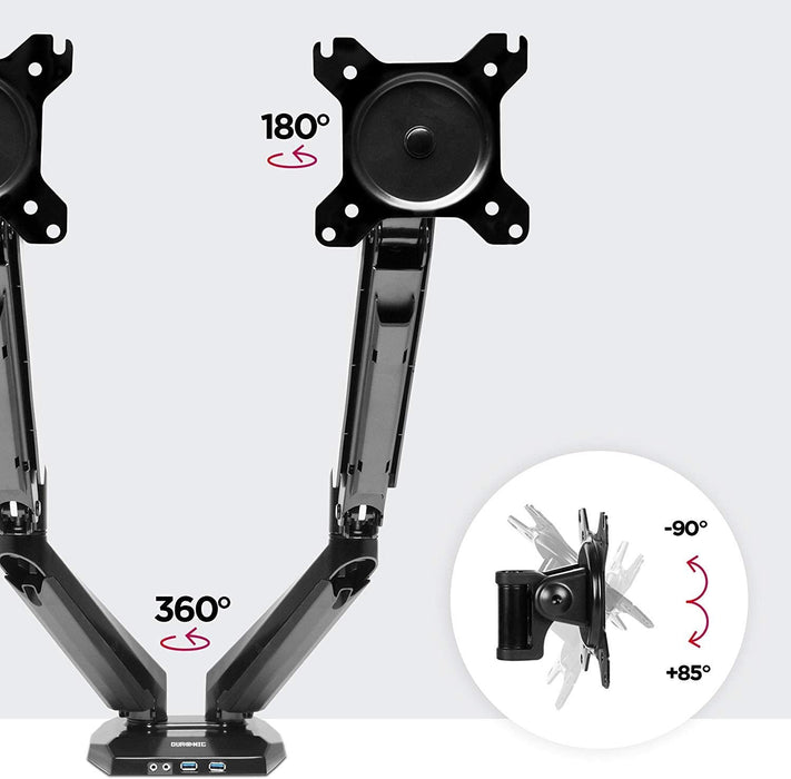 Duronic DMUSB5X2 Uchwyt do dwóch monitorów 2x USB | ramię do ekranów VESA 75 lub VESA 100 |wieszak | maks 8 kg | do 2 monitorów | czarny | gas | USB | wejście na słuchawki i mikrofon | reg