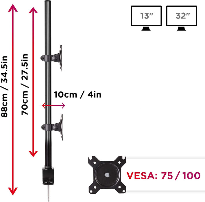 Duronic DM15V2 Uchwyt dwa monitory pionowo z 2x8kg VESA 75 lub 100 do 8 kg na ramię dwa monitory 13-32 cali czarny