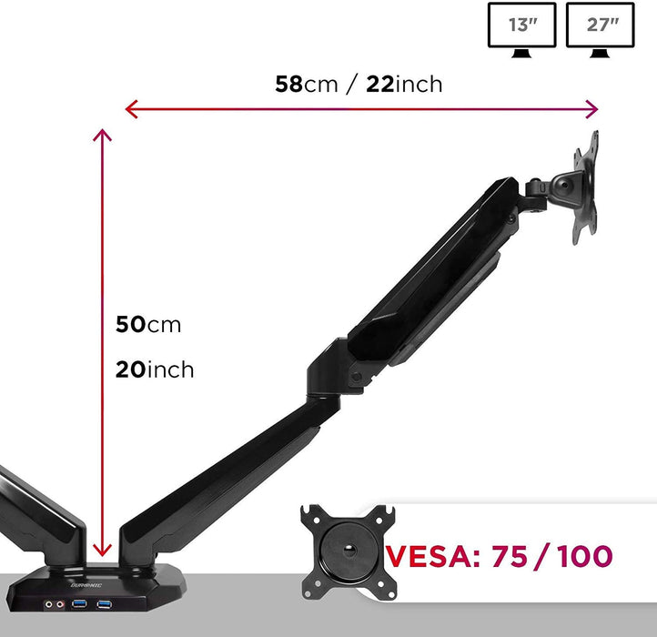 Duronic DMUSB5X2 Uchwyt do dwóch monitorów 2x USB | ramię do ekranów VESA 75 lub VESA 100 |wieszak | maks 8 kg | do 2 monitorów | czarny | gas | USB | wejście na słuchawki i mikrofon | reg