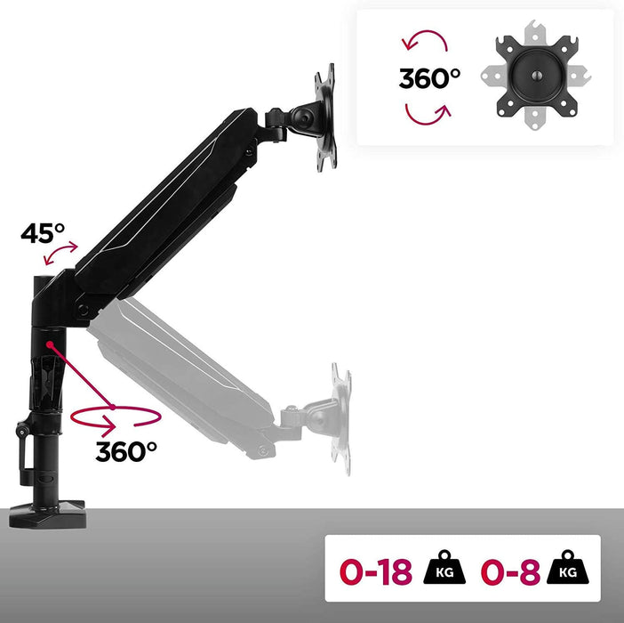 Duronic DMG51X2 Uchwyt do jednego monitora do 8 kg | niezależna regulacja wysokości monitorów, ramiona ze sprężyną gazową wykonane ze stali nierdzewnej do monitorów 15- 27 cali