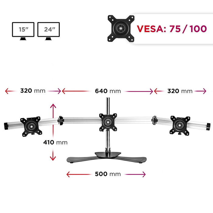 Duronic DM753 Stojak trzy monitory uchwyt 3 ekrany | ramię do ekranów | VESA 75 lub VESA 100 |wieszak |maks 8 kg |na 3 monitory | stojak | uchwyt | regulacja monitora | 15”-24”