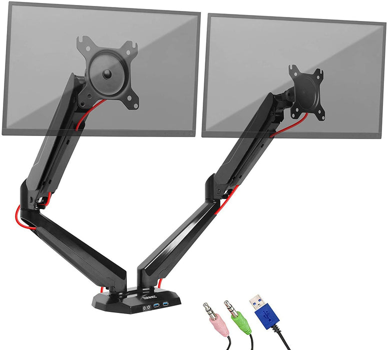 Duronic DMUSB5X2 Uchwyt do dwóch monitorów 2x USB | ramię do ekranów VESA 75 lub VESA 100 |wieszak | maks 8 kg | do 2 monitorów | czarny | gas | USB | wejście na słuchawki i mikrofon | reg